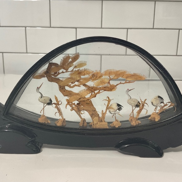 VTG Chinese Diorama cork Stork Wood Case signed San You - Picture 1 of 7
